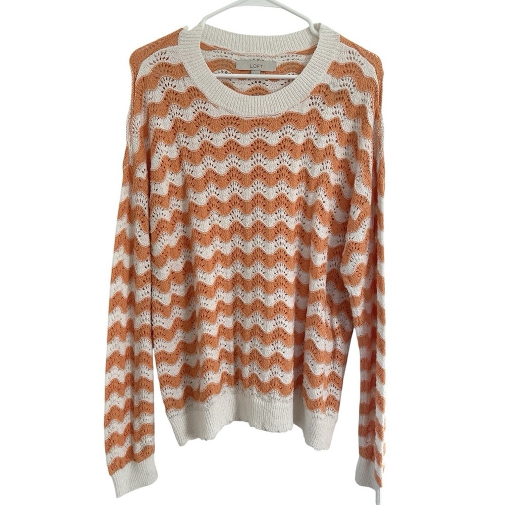 LOFT Wavy‎ Crochet Knit Crewneck Long Sleeve Casual Lightweight Sweater Size XL